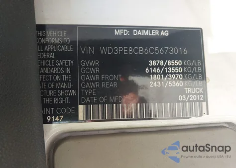 2012 Mercedes-Benz Sprinter 2500 High Roof from USA, damaged, VIN WD3PE8CB6C5673016